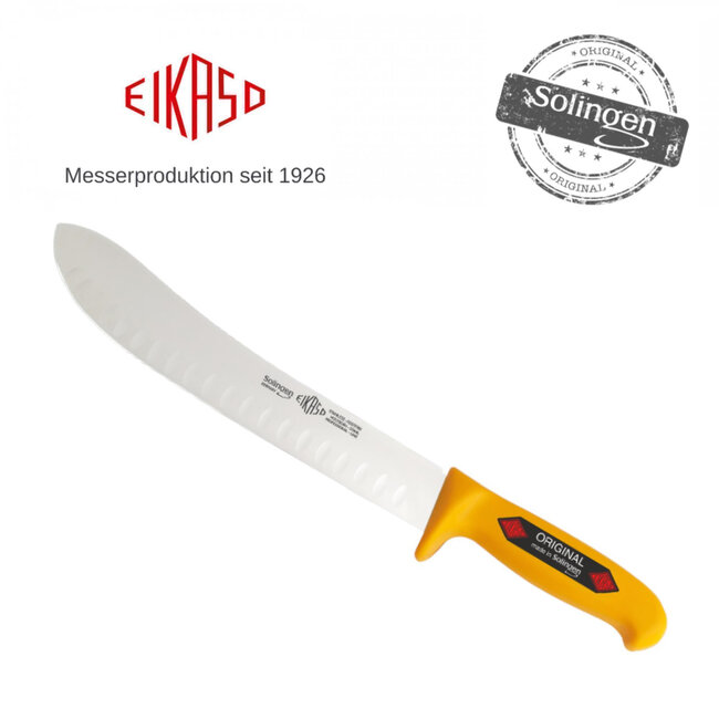 Eikaso Solingen Slagersmes met Bull Nose en Kuilen – 26 cm Lemmet – Stijf – Geel Profitect Heft