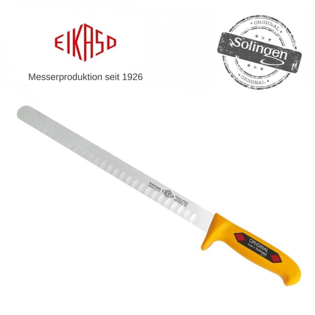Eikaso Solingen Hammes/Zalmmes met Kuilen – 30 cm Lemmet – Semi Flexibel – Geel Heft