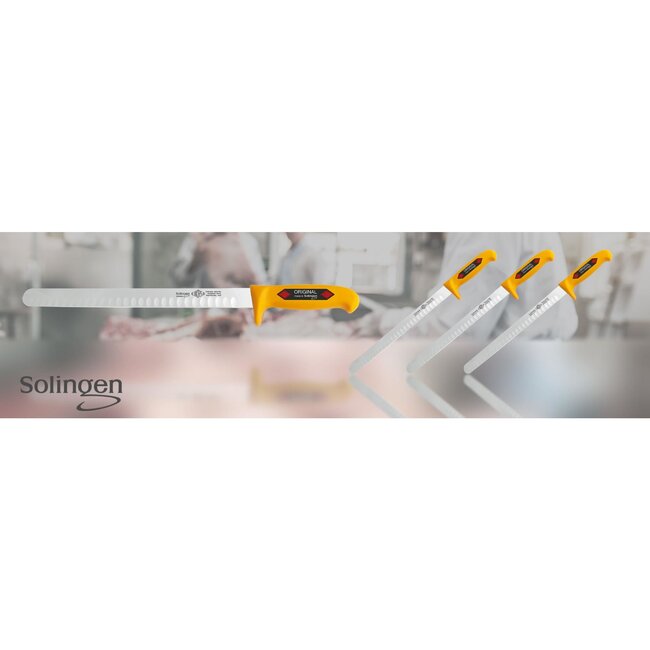 Eikaso Solingen Hammes/Zalmmes met Kuilen – 30 cm Lemmet – Semi Flexibel – Geel Heft