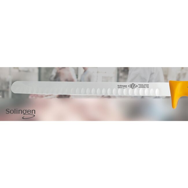 Eikaso Solingen Hammes/Zalmmes met Kuilen – 30 cm Lemmet – Semi Flexibel – Geel Heft