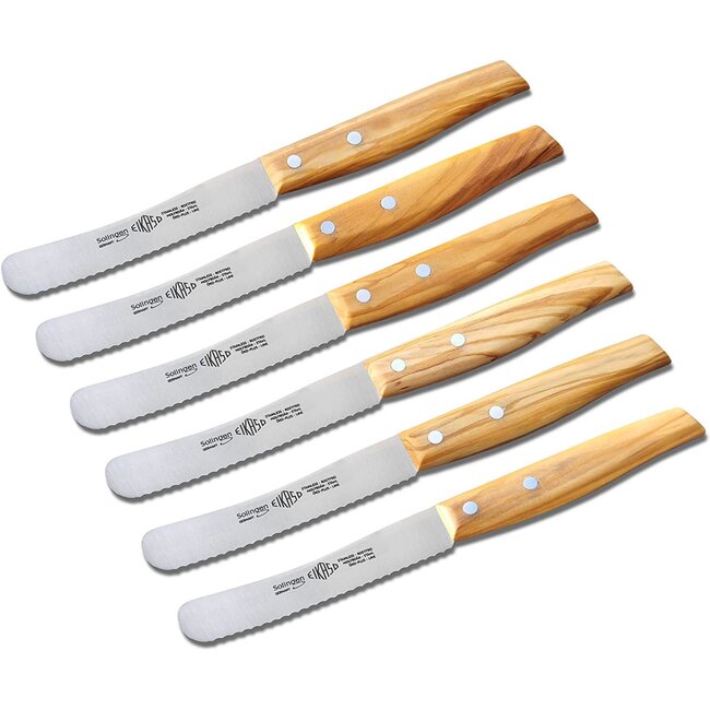 Eikaso Solingen Ontbijt- en Broodmes Set – Gekarteld 11 cm Lemmet – Olijfhouten Handvat – 6 Stuks