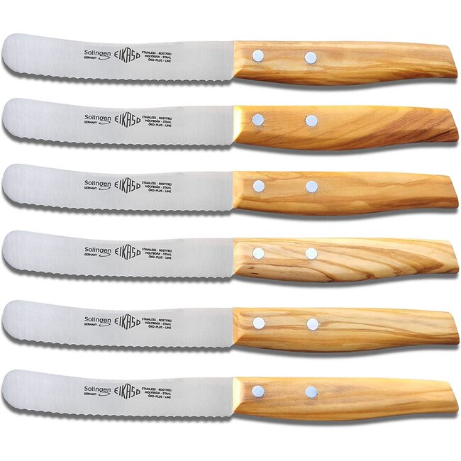 Eikaso Solingen Ontbijt- en Broodmes Set – Gekarteld 11 cm Lemmet – Olijfhouten Handvat – 6 Stuks
