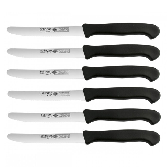 Eikaso Solingen Ontbijtmes Set – Gekarteld RVS Lemmet 11 cm – Zwart Heft – 6 Stuks