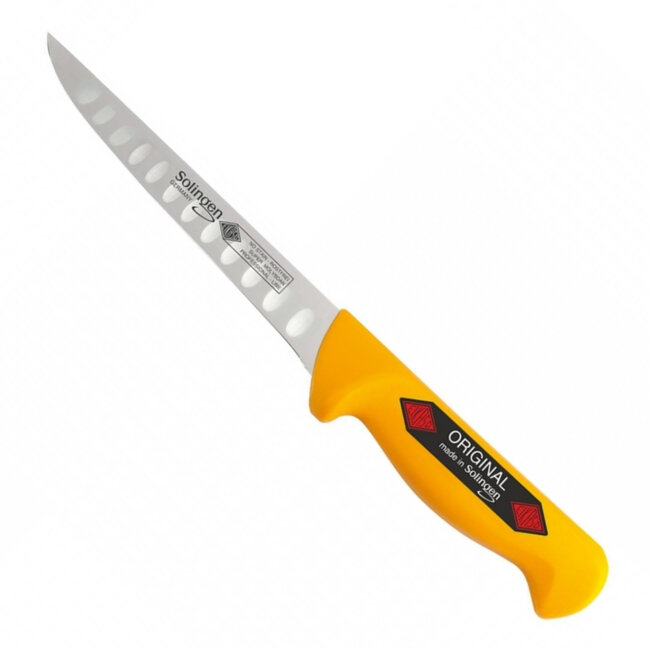 Eikaso Solingen Uitbeenmes 13 cm – Stijf Lemmet met Kuiltjes – Ergonomisch Geel Handvat