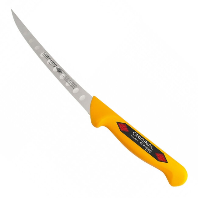 Eikaso Solingen Uitbeenmes met Gebogen Lemmet en Kuilen – Stijf RVS – 13 cm – Geel