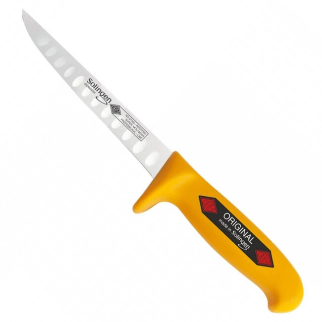 Eikaso Solingen Uitbeenmes 13 cm – Stijf Lemmet met Kuilen – Geel Ergonomisch Heft
