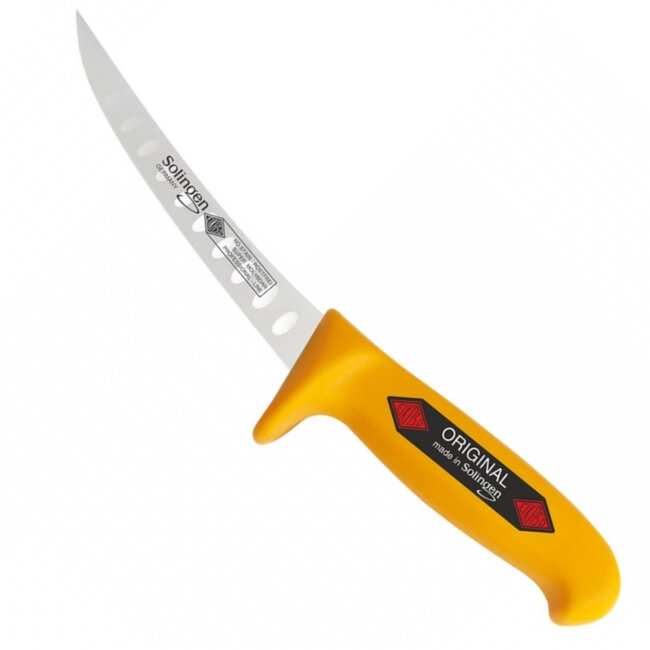 Eikaso Solingen Uitbeenmes 16 cm – Gebogen Lemmet met Kuilen – Stijf RVS – Geel Profitect Heft