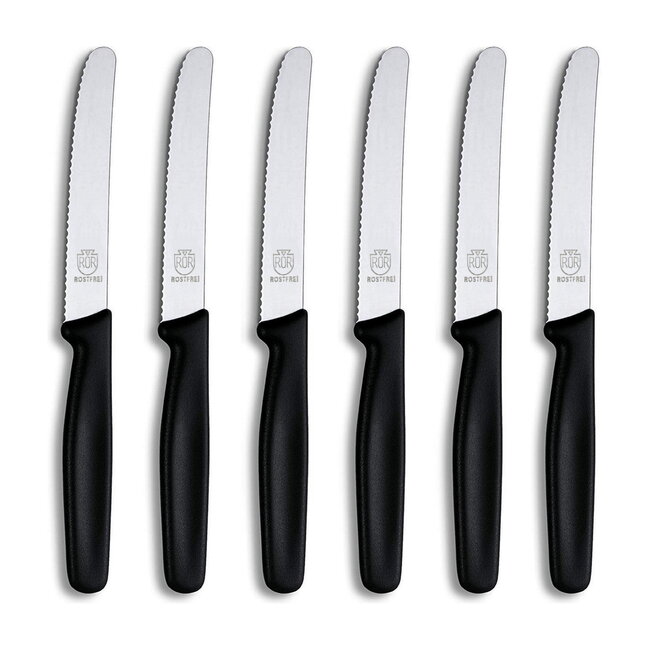 RÖR Solingen Ontbijtmes / Tafelmes met Kartel – RVS – Lemmet 10,5 cm – Zwart – 6 Stuks