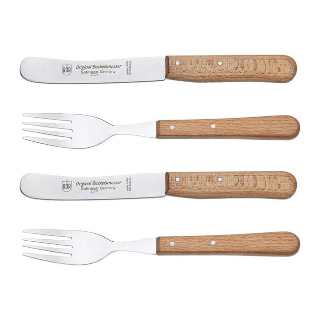RÖR Solingen Ontbijtmes Buckels – Lemmet 11,5 cm – Set met Vork – Beukenhout – 4 delig set