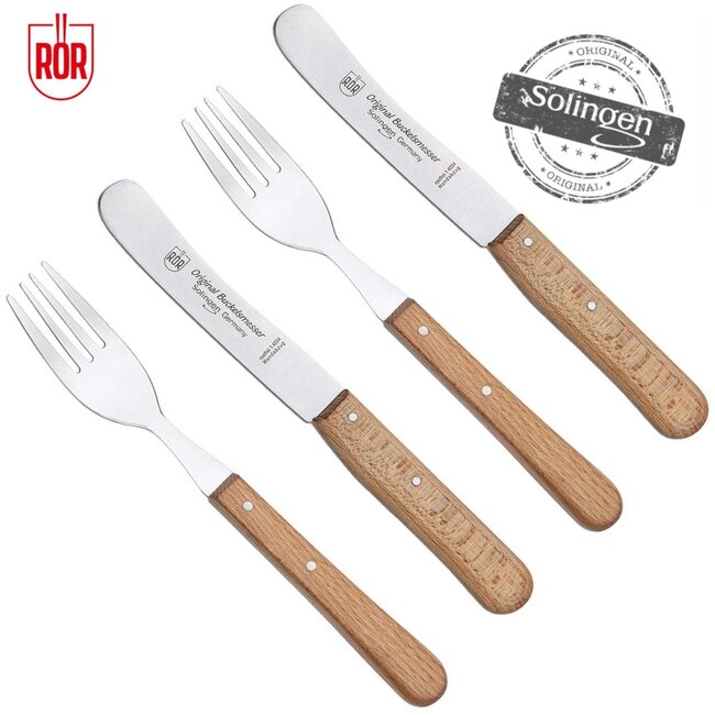 RÖR Solingen Ontbijtmes Buckels – Lemmet 11,5 cm – Set met Vork – Beukenhout – 4 delig set