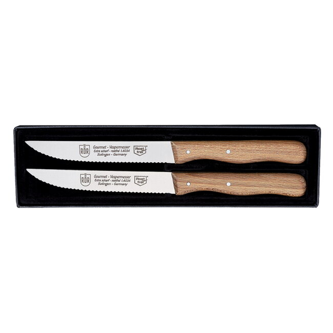 RÖR Solingen Steakmes – Vespermes – Gekarteld – RVS – Beukenhout – 2 delig