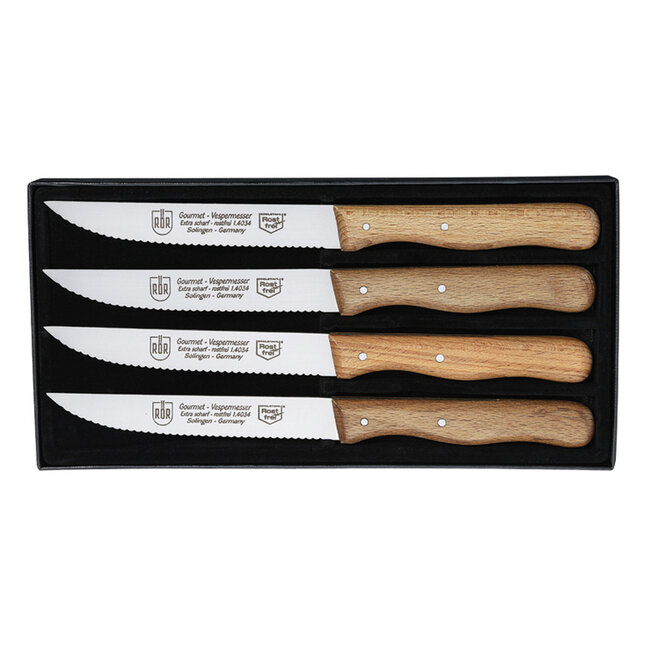 RÖR Solingen Steakmes – Vespermes – Gekarteld – RVS – Beukenhout – 4 delig