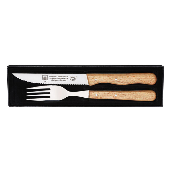 RÖR Solingen Steakmes – Vespermes – Gekarteld – Set met Vork – RVS – Beukenhout – 2 delig