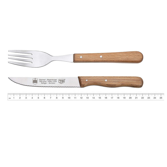 RÖR Solingen Steakmes – Vespermes – Gekarteld – Set met Vork – RVS – Beukenhout – 4 delig