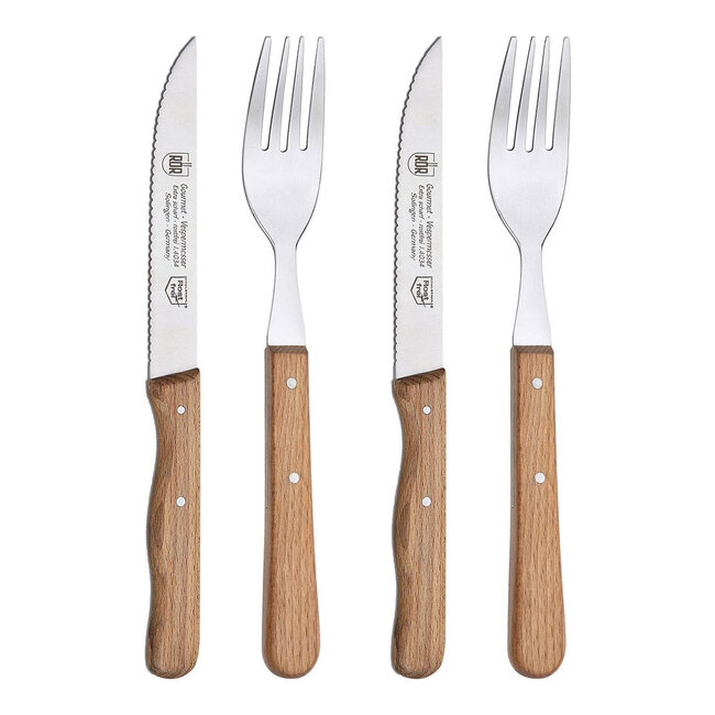 RÖR Solingen Steakmes – Vespermes – Gekarteld – Set met Vork – RVS – Beukenhout – 4 delig