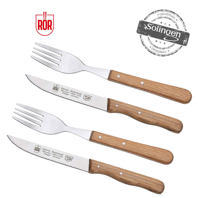 RÖR Solingen Steakmes – Vespermes – Gekarteld – Set met Vork – RVS – Beukenhout – 4 delig