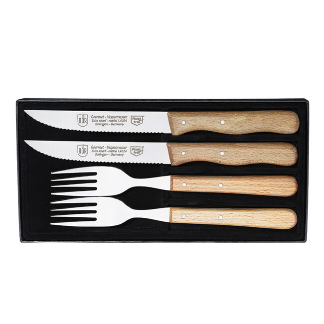 RÖR Solingen Steakmes – Vespermes – Gekarteld – Set met Vork – RVS – Beukenhout – 4 delig