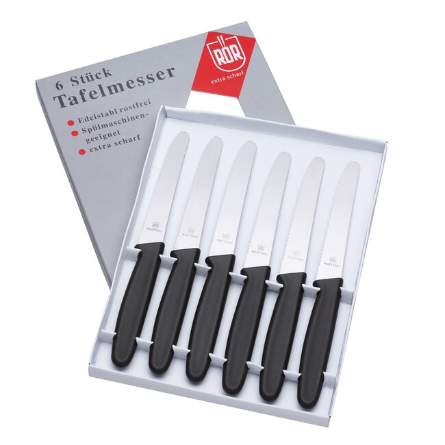 RÖR Solingen Ontbijtmes / Tafelmes met Kartel – RVS – Lemmet 10,5 cm – Zwart – 6 Stuks