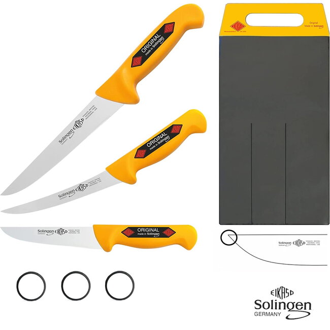 Eikaso Solingen Professionele Messenset – Slagers-, Uitbeen- en Universeelmes – Geel – RVS – 3-delig