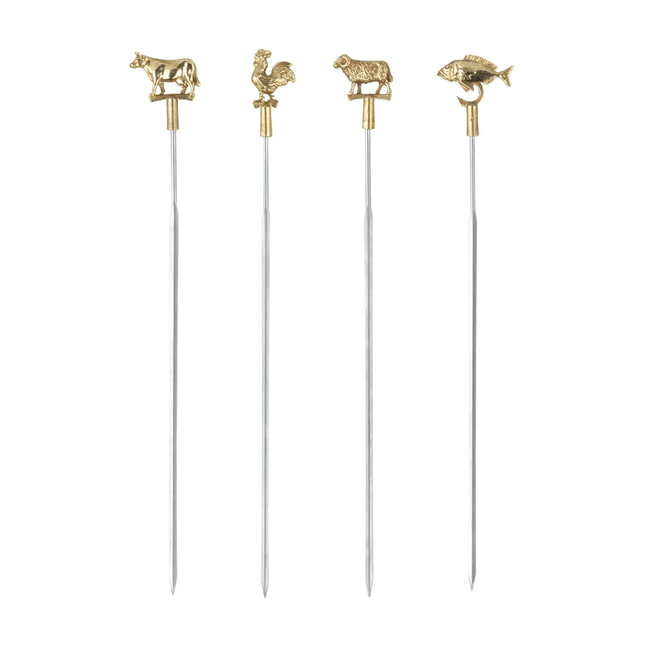 Triangle Professionele Grillspiezen Set – RVS & Messing – 42 cm – Dierenmotieven – 4 Stuks