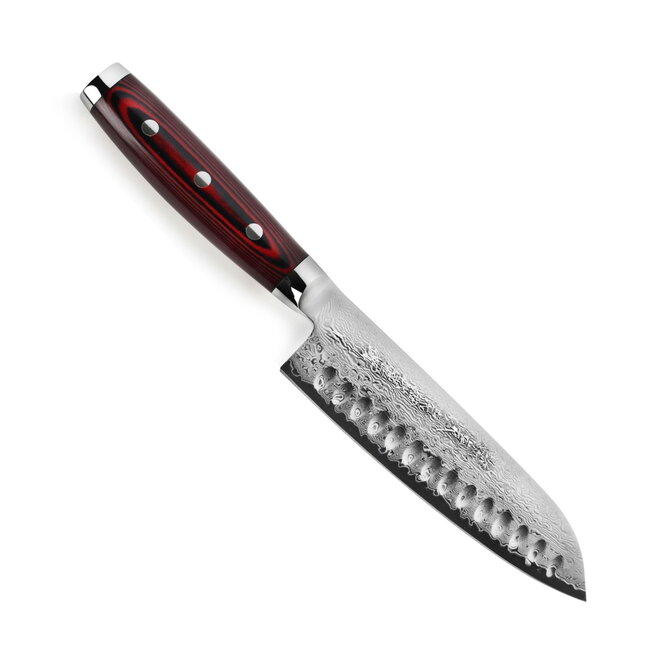 Yaxell Super Gou Santoku Mes met Kuiltjes 16,5 cm – 161 Lagen Damaststaal – SG2 Staal – 63 HRC – Canvas-Micarta Heft