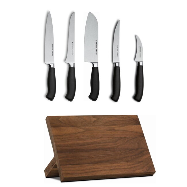 Felix Zepter Luxe Messenblok Set – 6-delig – RVS Lemmet – Platinum Heft – Inclusief Notenhouten Blok