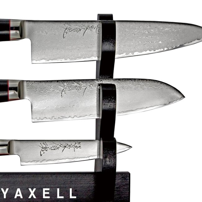 Yaxell Super Gou Ypsilon Messenset – 4-delig – Katana Display met 3 Messen – 193 Lagen Damaststaal – SG2 Staal – 63 HRC – Canvas-Micarta Heft – Japan
