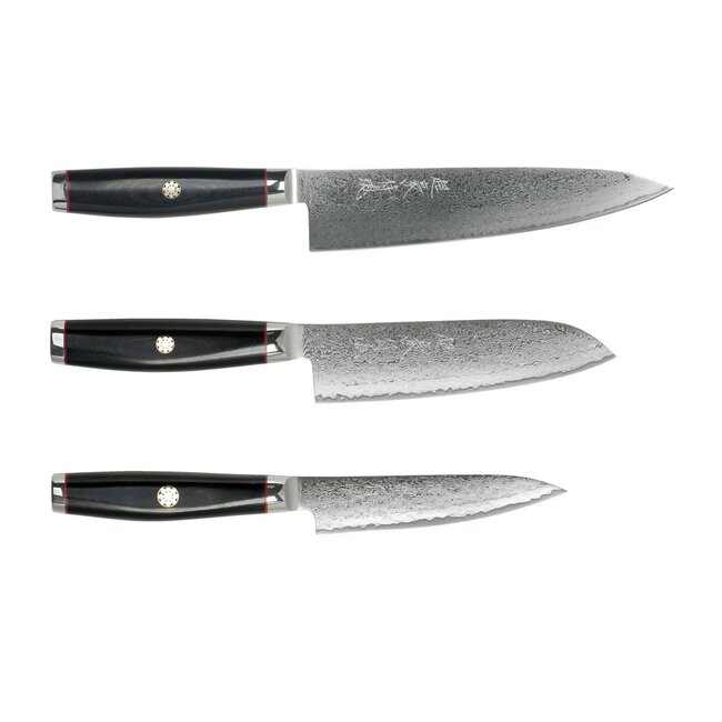 Yaxell Super Gou Ypsilon Messenset – 4-delig – Katana Display met 3 Messen – 193 Lagen Damaststaal – SG2 Staal – 63 HRC – Canvas-Micarta Heft – Japan