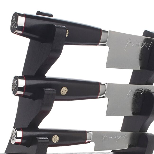 Yaxell Super Gou Ypsilon Messenset – 4-delig – Katana Display met 3 Messen – 193 Lagen Damaststaal – SG2 Staal – 63 HRC – Canvas-Micarta Heft – Japan