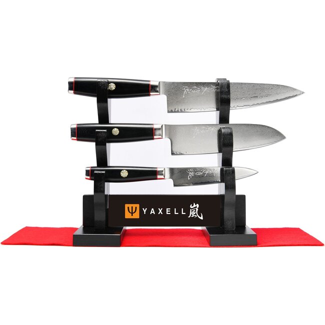 Yaxell Super Gou Ypsilon Messenset – 4-delig – Katana Display met 3 Messen – 193 Lagen Damaststaal – SG2 Staal – 63 HRC – Canvas-Micarta Heft – Japan