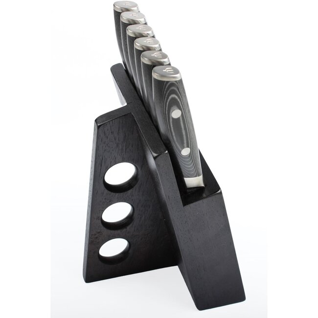 Yaxell Tsuchimon Messenset – 7-delig – Beukenhouten Messenblok met 6 Steakmessen – 3 Lagen Damaststaal – VG10 Staal – Canvas-Micarta Heft