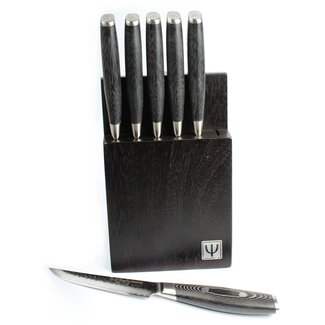 Yaxell Tsuchimon Messenset – 7-delig – Beukenhouten Messenblok met 6 Steakmessen – 3 Lagen Damaststaal – VG10 Staal – Canvas-Micarta Heft