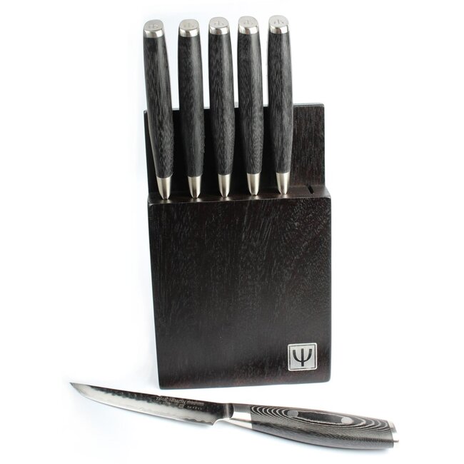 Yaxell Tsuchimon Messenset – 7-delig – Beukenhouten Messenblok met 6 Steakmessen – 3 Lagen Damaststaal – VG10 Staal – Canvas-Micarta Heft