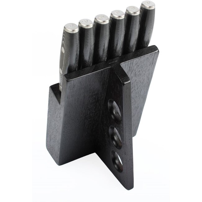 Yaxell Tsuchimon Messenset – 7-delig – Beukenhouten Messenblok met 6 Steakmessen – 3 Lagen Damaststaal – VG10 Staal – Canvas-Micarta Heft