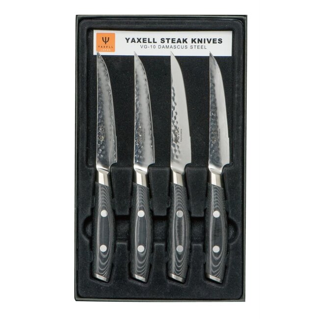 Yaxell Tsuchimon Steakmessenset – 4-delig – 3 Lagen Damaststaal – VG10 Staal – Canvas-Micarta Heft