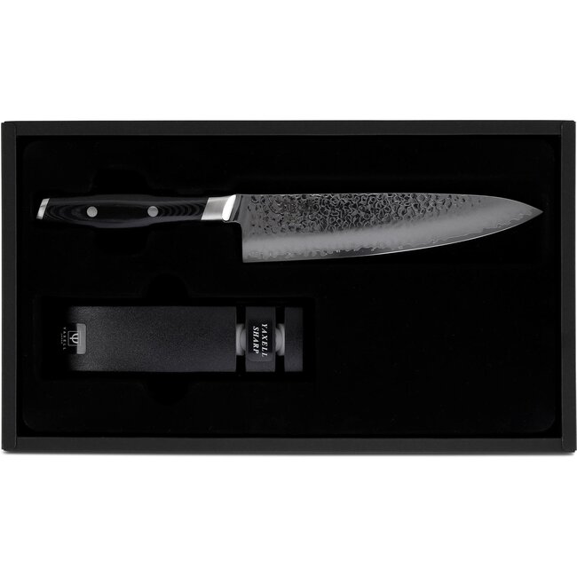 Yaxell Tsuchimon Geschenkset – 2-delig – Messenslijper en Koksmes 20 cm – 3 Lagen Damaststaal – Canvas-Micarta Heft