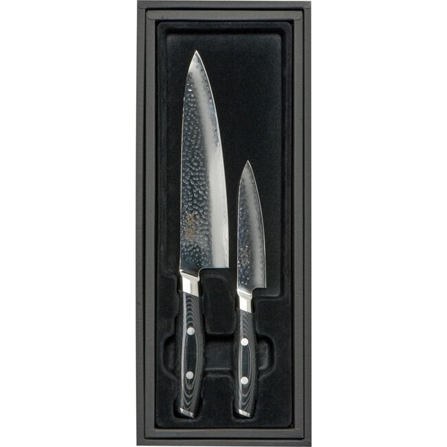 Yaxell Tsuchimon Messenset – 2-delig – Koksmes 20 cm en Universeelmes 12 cm – 3 Lagen Damaststaal – VG10 Staal – Canvas-Micarta Heft