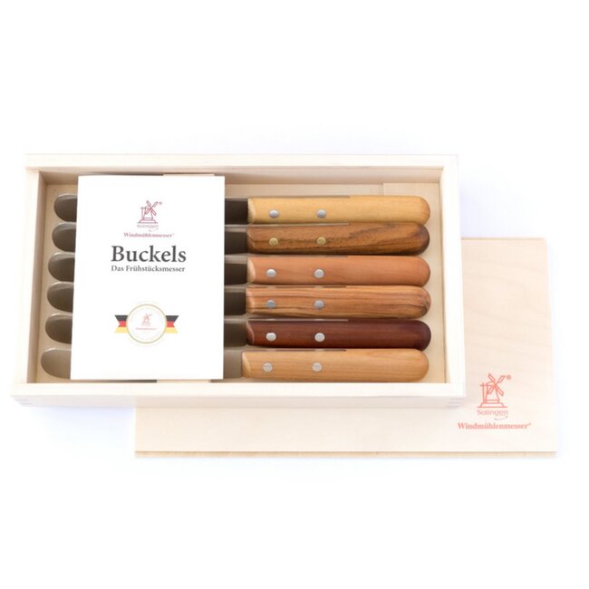 Robert Herder Ontbijtmessenset – Buckels – RVS – Lemmet 118 mm – 6 Houtsoorten