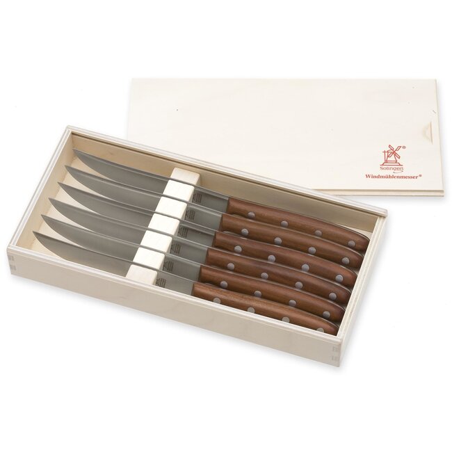 Robert Herder Windmühle Steakmes – RVS – Fijne Kartel – Lemmet 12,5 cm – Heft Pruimenhout – 6 Stuks
