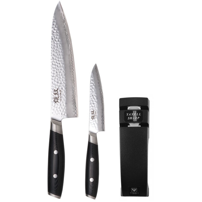 Yaxell Tsuchimon Geschenkset – 3-delig – Messenslijper met Koksmes 20 cm en Universeelmes 12 cm – 3 Lagen Damaststaal – VG10 Staal – Canvas-Micarta Heft