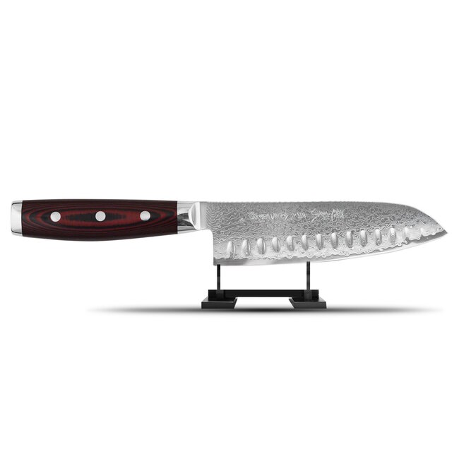 Yaxell Super Gou Santoku Mes met Kuiltjes 16,5 cm – 161 Lagen Damaststaal – SG2 Staal – 63 HRC – Canvas-Micarta Heft
