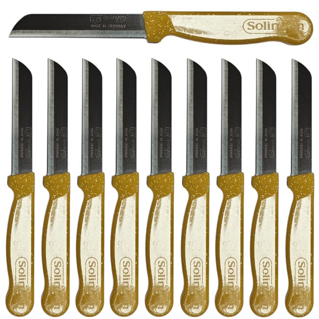 Solingen Kartelmes – Tomatenmes met Kartel – Robuust Handvat – RVS – 18,5 cm met Blade Cover – Goud Glitter – 10 Stuks