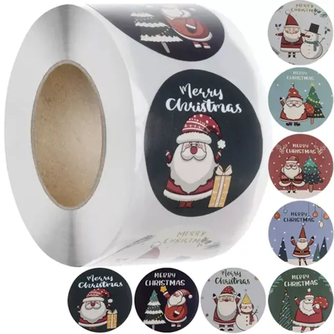 Ruhhy Kerststickers op rol – 500 stuks – 8 vrolijke patronen – zelfklevend gemak – feestelijke versiering
