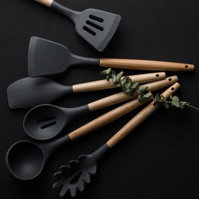 Ruhhy 12-delige keukenset – siliconen en hout – hittebestendig – zwart-beige – duurzaam design