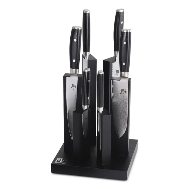 Yaxell Ran Messenset – 7-delig – Tower Magneetblok Beukenhout Zwart Gelakt met 6 Messen – 69 Lagen Damaststaal – Canvas-Micarta Heft