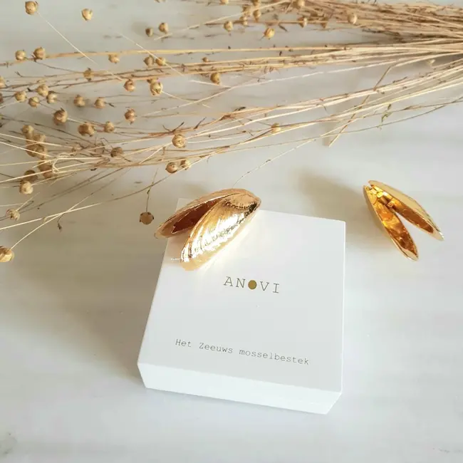 Anovi Zeeuws Mosselbestek in Verguld Goud – Luxe Tafelaccessoire – 2-Delig met Geschenkverpakking