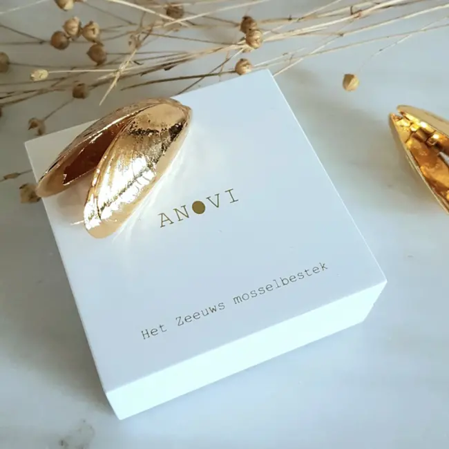 Anovi Zeeuws Mosselbestek in Verguld Goud – Luxe Tafelaccessoire – 2-Delig met Geschenkverpakking