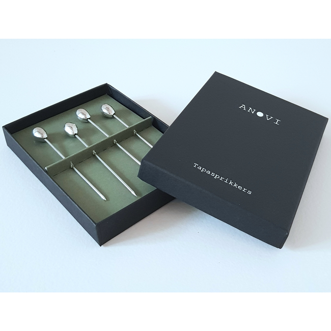 Anovi Tapasprikkers met Olijfmotief – Ambachtelijk Zilvertin – 4 Stuks