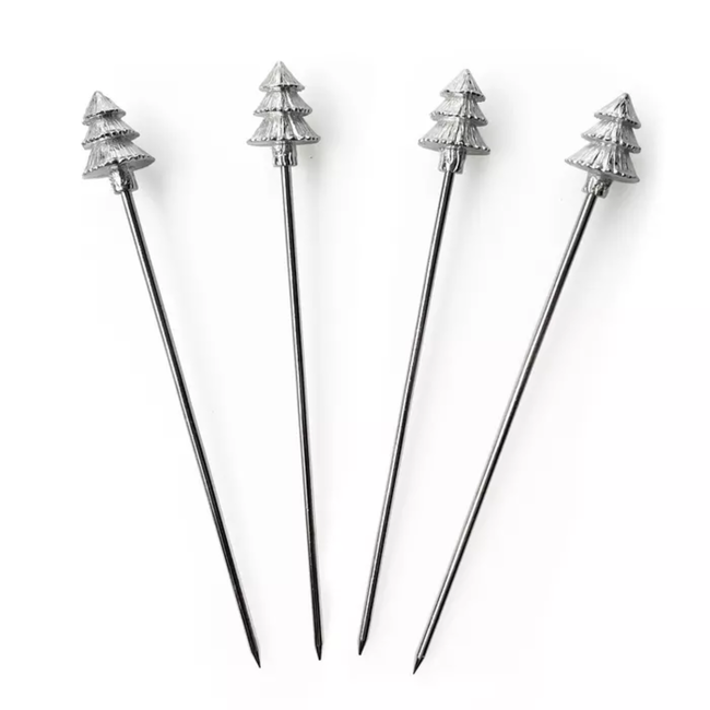 Anovi Tapasprikkers met Kerstboomontwerp – Zilvertin – 8 cm – Set van 4 in Luxe Doosje
