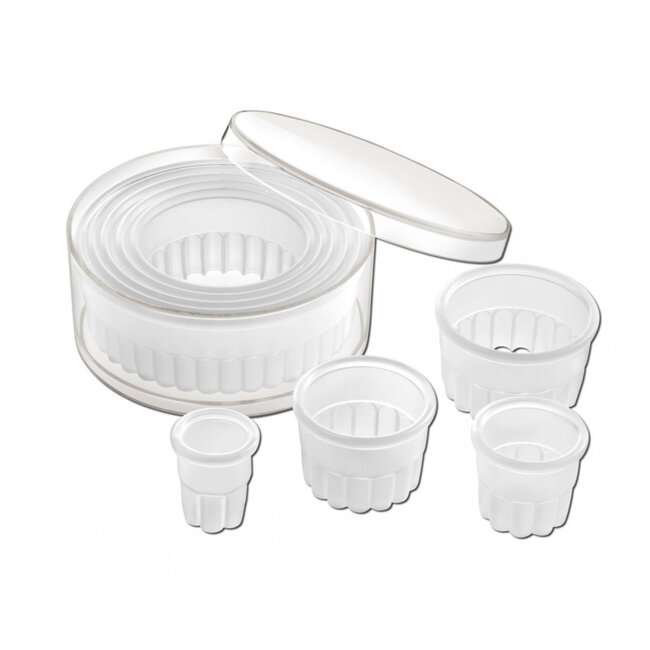 Déglon Set van 9 ronde deegsnijders – Gegolfde randen – Hittebestendig polyamide – Opaak wit – Voor koekjes en decoratie